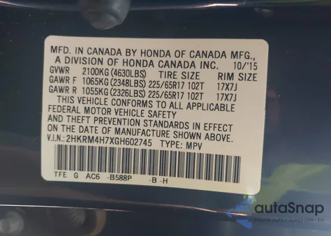 2016 Honda Cr-V Ex-L z USA, uszkodzony, nr VIN 2HKRM4H7XGH602745